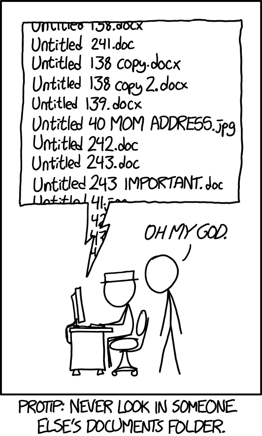 XKCD comic depicting a person overlooking another person on their computer. The observing person sees the other's file naming conventions (example: Untitled 40 mom address.jpg) and responds with "oh my god".